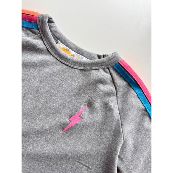 AVIATOR NATION Grey Neon Rainbow Bolt Embroidery Fleece Crop Sweatshirt, Size M - Picture 7 of 16